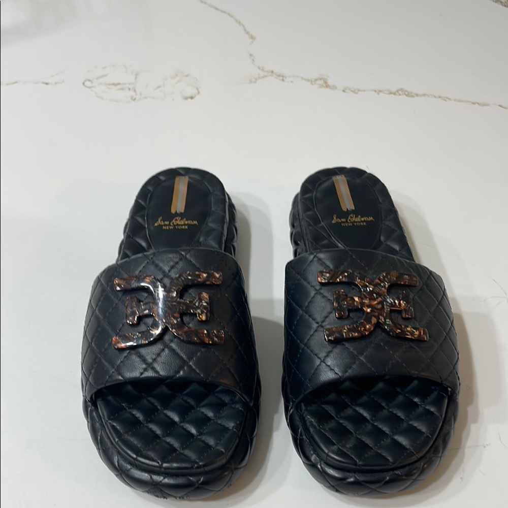 Sam Edelman Black Quilted Slide Sandals with Tortoiseshell Logo